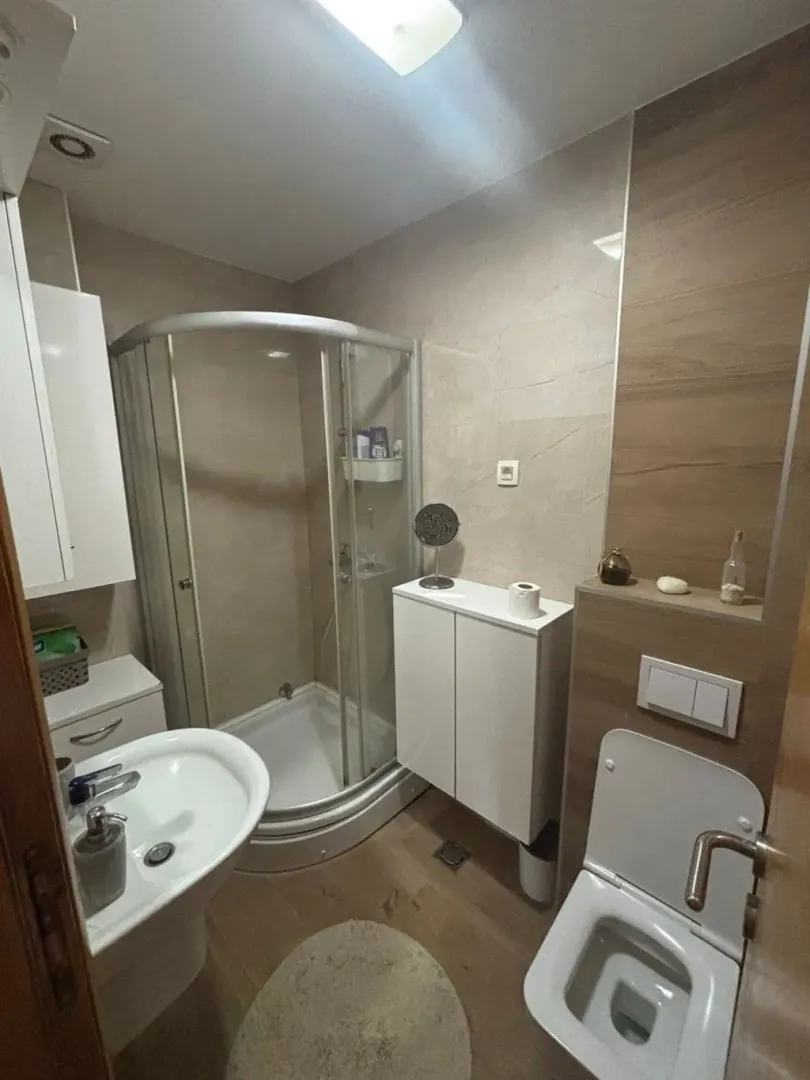 Small bathroom with a shower cabin, washbasin, and toilet.