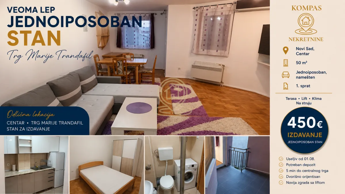 Izdavanje, jednosoban stan, 50m², Centar, Novi Sad