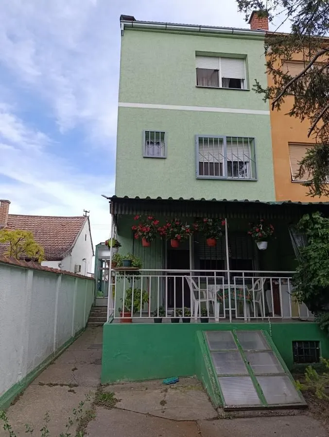 Pogled na spoljašnjost kuće sa zelenom fasadom, terasom i dvorištem.