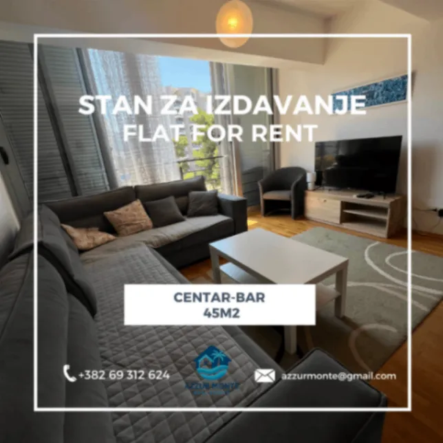 Izdavanje, jednosoban stan, 45m2, Centar, Bar