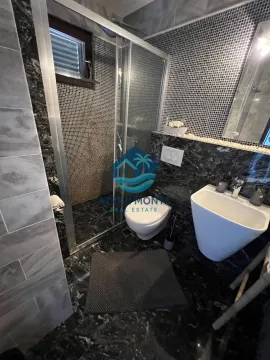 Modern bathroom with a walk-in shower, toilet, and washbasin. - image 12