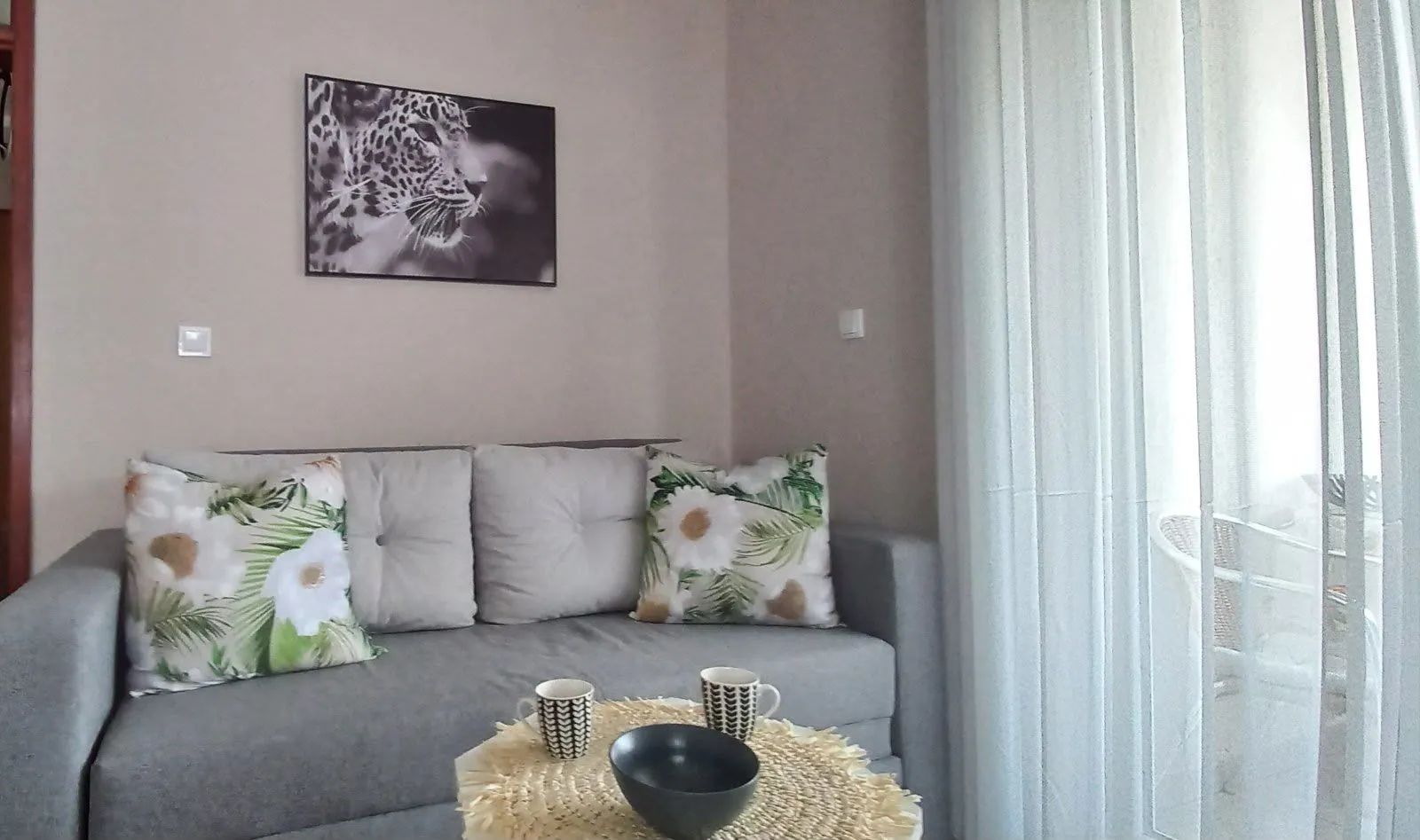 Living room with a grey sofa and decorative pillows.