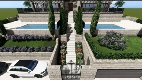 3D prikaz eksterijera moderne kuće sa bazenom i uređenim dvorištem. - image 8