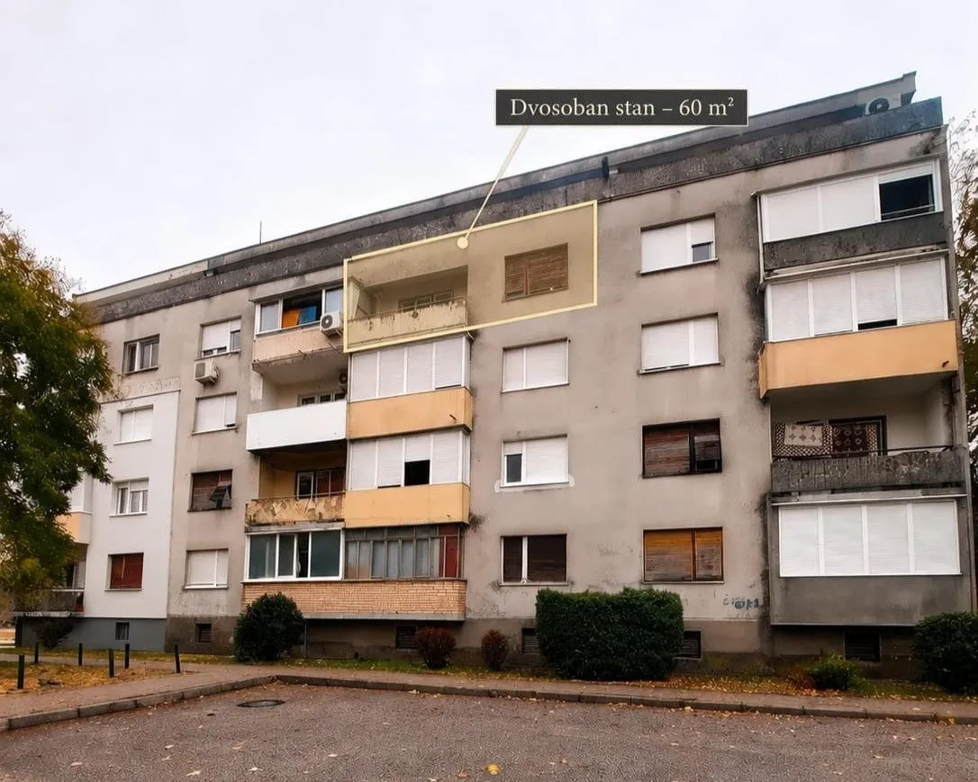 Spoljašnji izgled stambene zgrade sa označenim stanom.