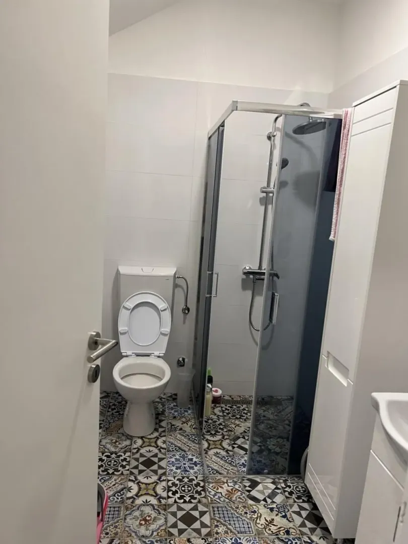 Bathroom with a shower enclosure, toilet, and patterned floor tiles.