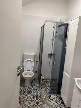 Bathroom with a shower enclosure, toilet, and patterned floor tiles. - image 9