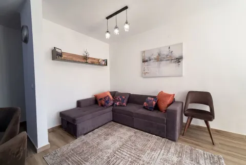 Living room with a sectional sofa, rug, and modern lighting. - image 2
