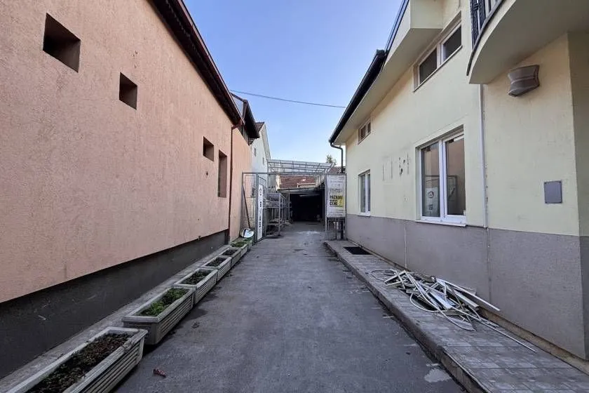 Pathway between two houses with planters and tiled ground.