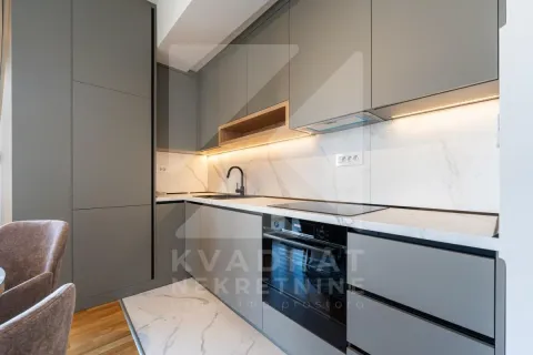 Modern kitchen with grey cabinets and built-in appliances. - image 8