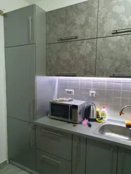 Moderna siva kuhinja sa ugrađenim elementima, mikrotalasnom pećnicom i sudoperom. - image 4