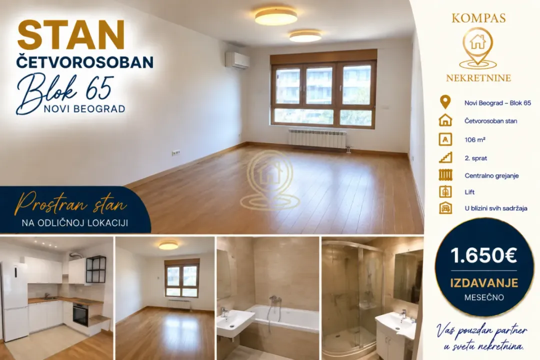 Rent, four bedroom apartment, 106m², Novi Beograd Blok 65, Novi Beograd Sve Podlokacije