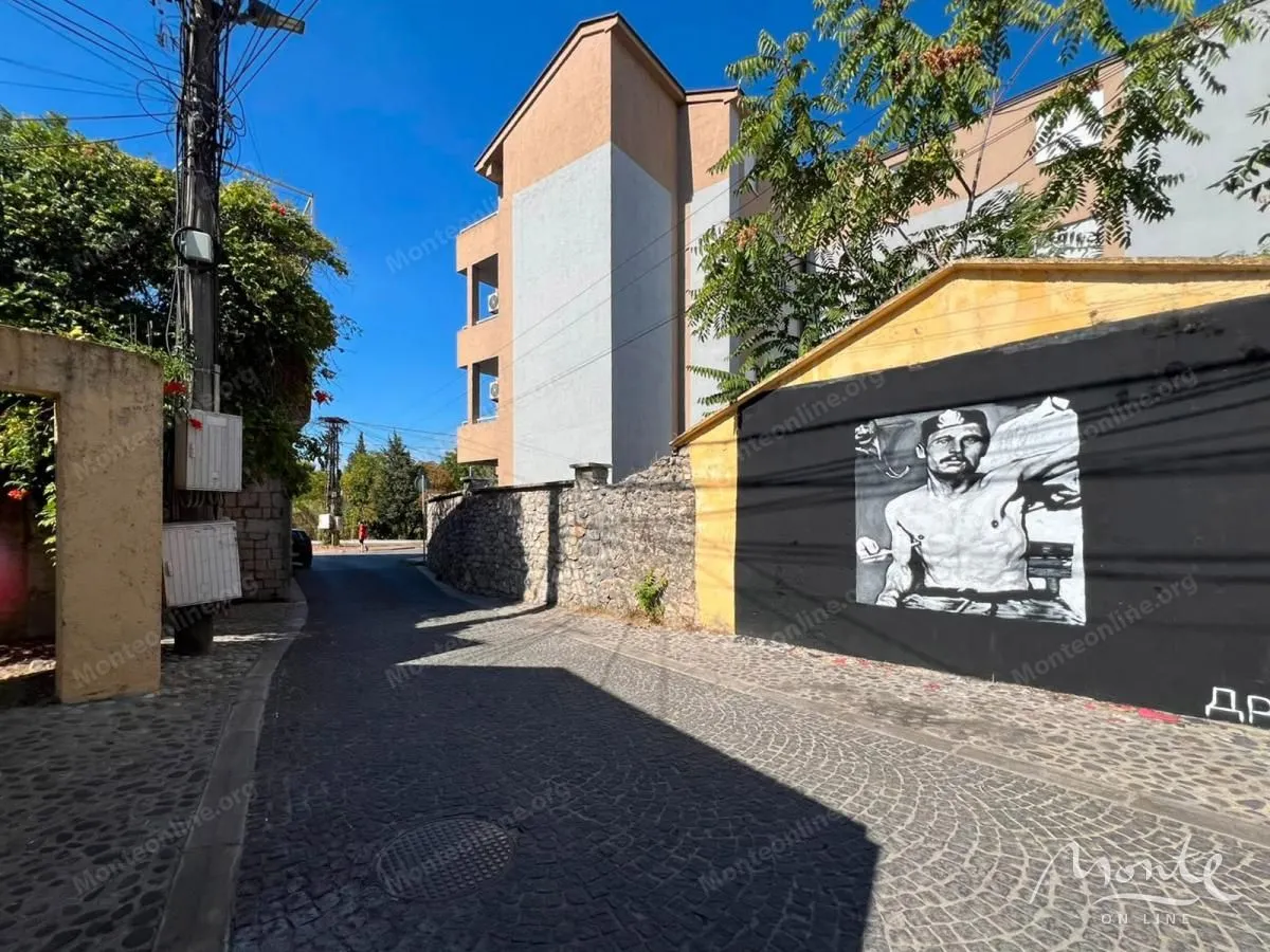 Pogled na ulicu i spoljašnjost zgrade sa muralom na zidu.