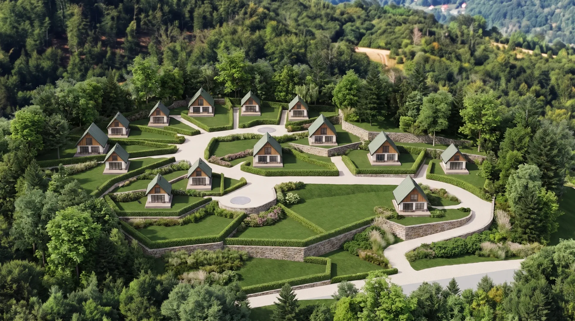 Pogled iz vazduha na kompleks drvenih kućica u prirodi.
