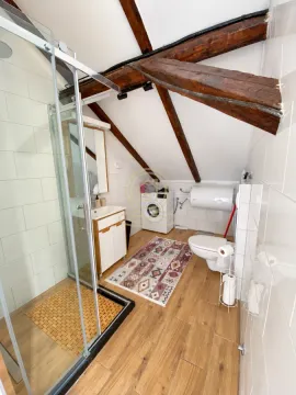 Kupatilo sa tuš kabinom, umivaonikom, WC šoljom i drvenim gredama na plafonu. - image 7