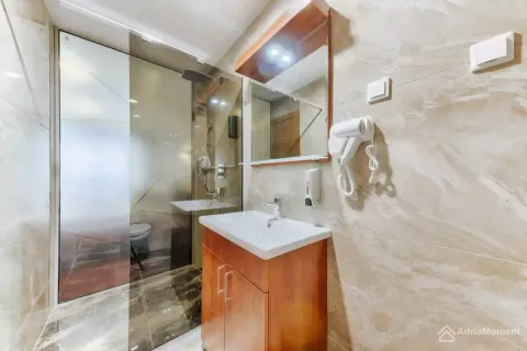 Modern bathroom with a sink, mirror, and shower enclosure. - image 14