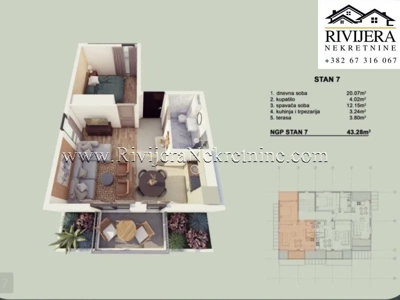 Prodaja, jednosoban stan, 43m², Orahovac, Kotor