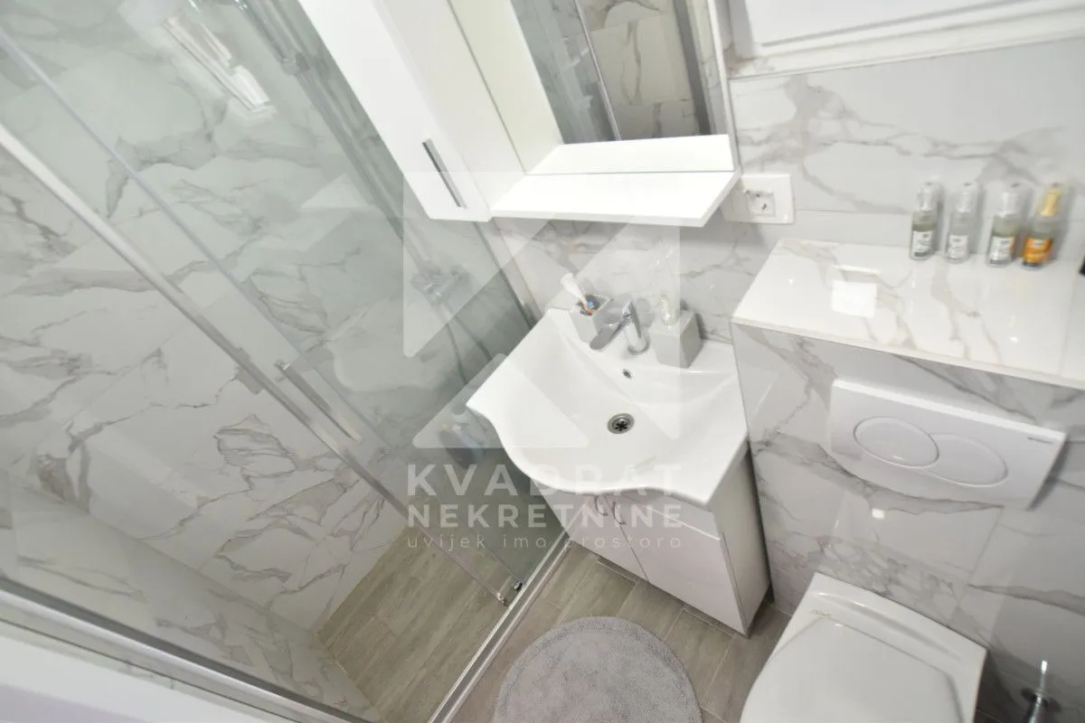 A modern bathroom equipped with a walk-in shower, washbasin, and toilet.