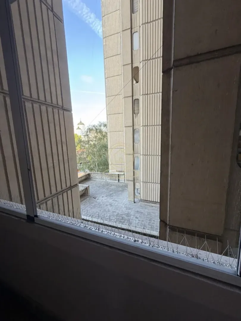 Pogled kroz prozor na susednu zgradu i dvorište.