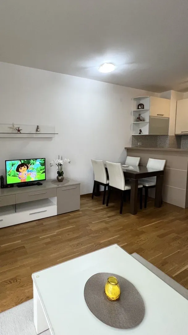 Svijetao dnevni boravak sa trpezarijskim stolom i kuhinjskim šankom.