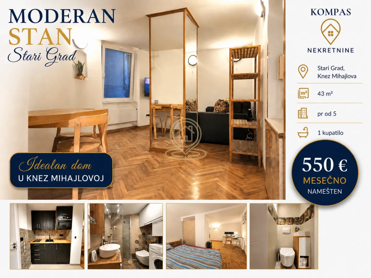 Izdavanje, dvosoban stan, 43m², Stari Grad, Beograd