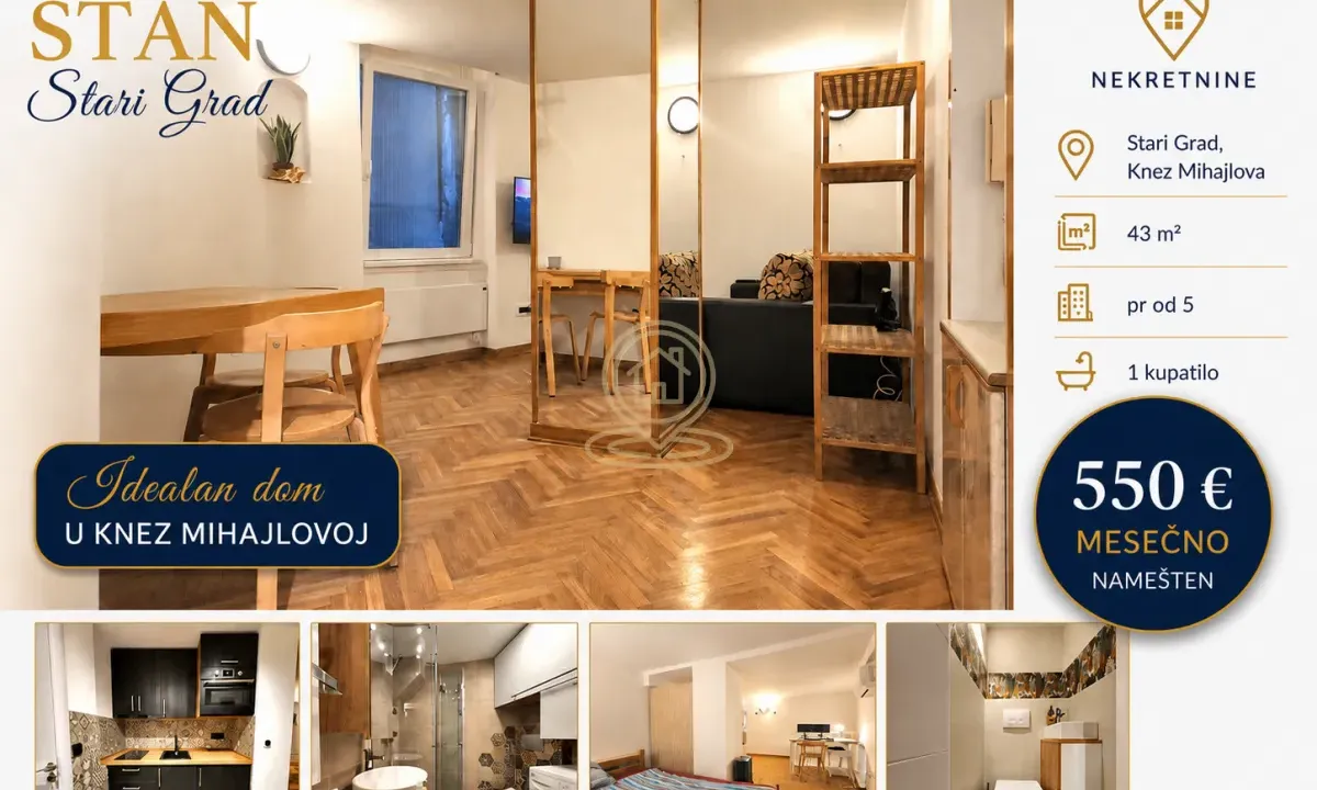 Rent, two bedroom apartment, 43m², Stari Grad, Beograd