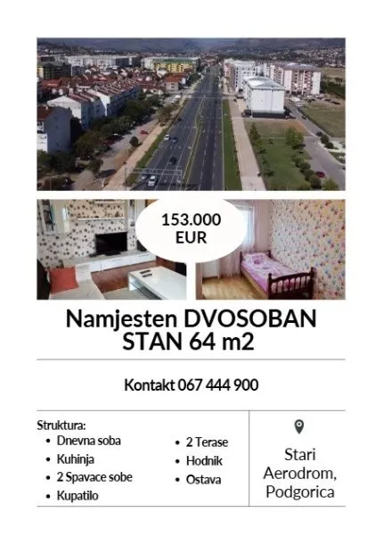 Prodaja, dvosoban stan, 64m², Stari Aerodrom, Podgorica
