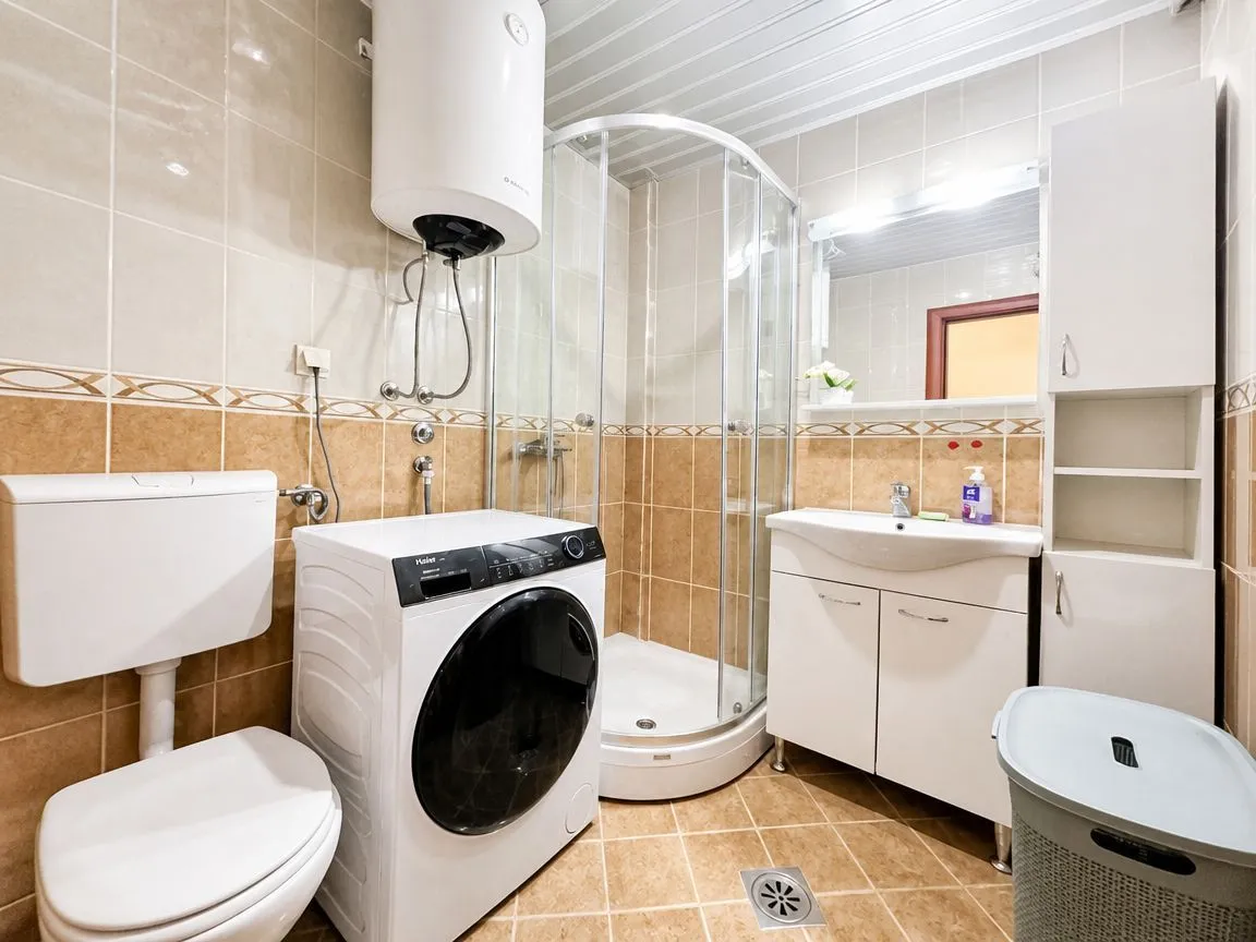 Compact bathroom with a shower cabin, washbasin, washing machine, and toilet.