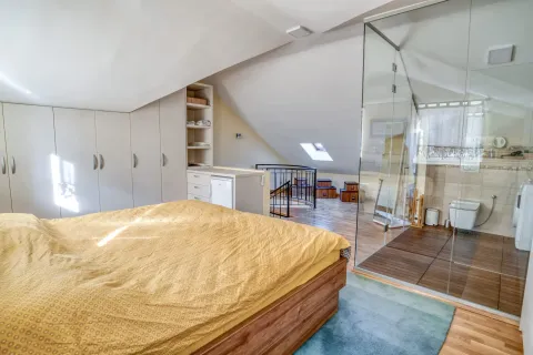 Attic bedroom with a double bed, built-in wardrobes, and a glass partition leading to the bathroom. - image 10