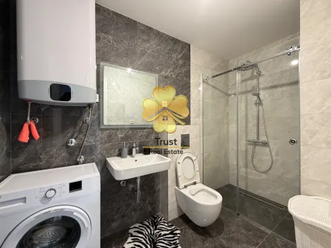 Modernly equipped bathroom with a walk-in shower, washbasin, and washing machine. - image 8