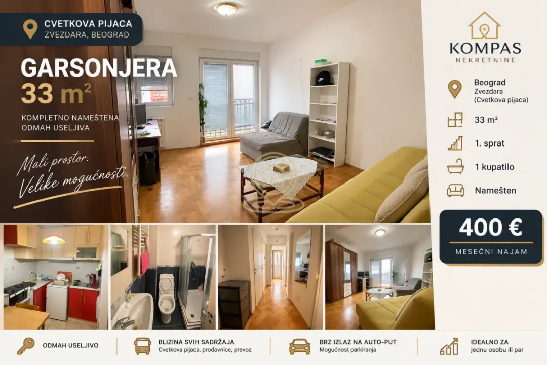 Rent, one bedroom apartment, 33m², Cvetkova Pijaca, Zvezdara Sve Podlokacije