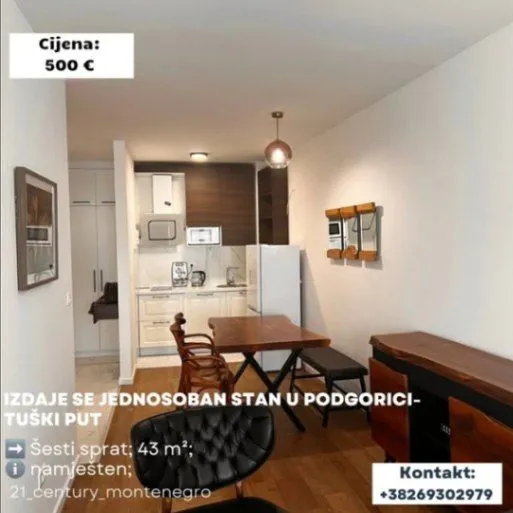 Izdavanje, jednosoban stan, 43m², Tuški Put, Podgorica