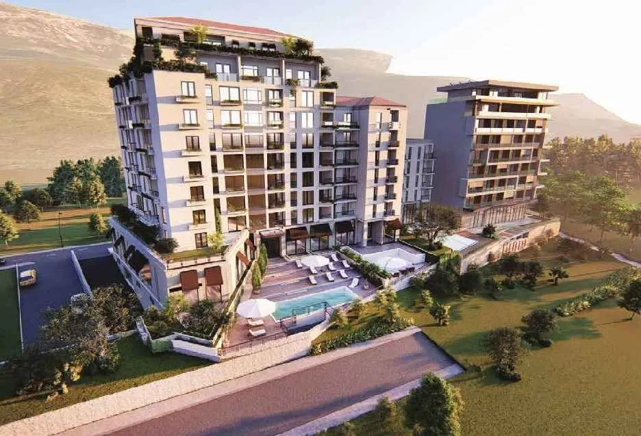 3D render moderne stambene zgrade sa bazenom i uređenim dvorištem.