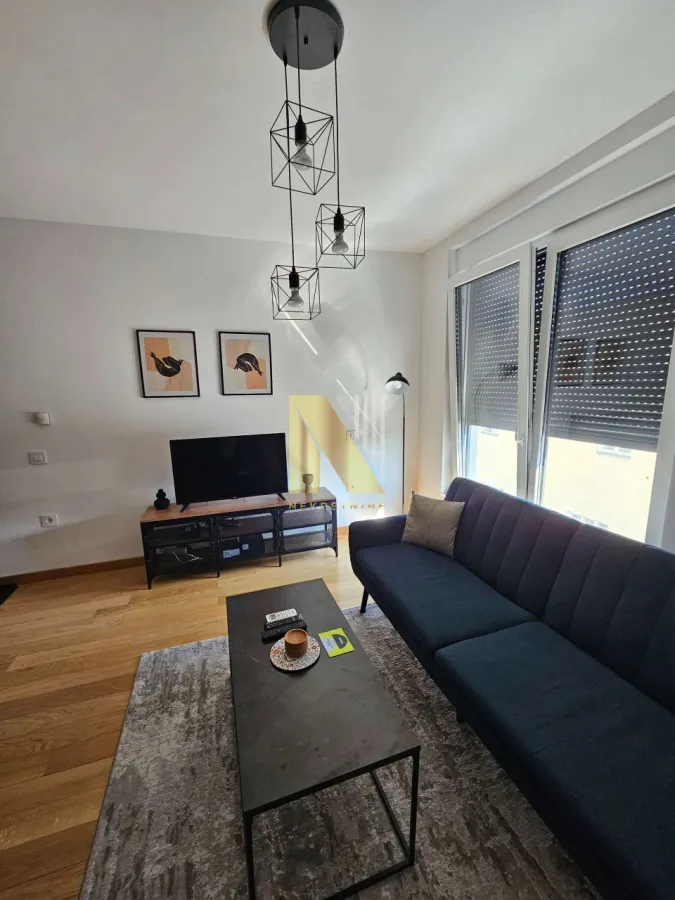 Living room with a sofa, TV, and modern chandelier.