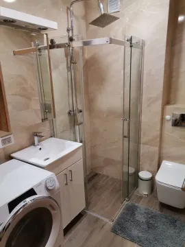 Modern bathroom with a walk-in shower, washbasin, washing machine, and toilet. - image 8