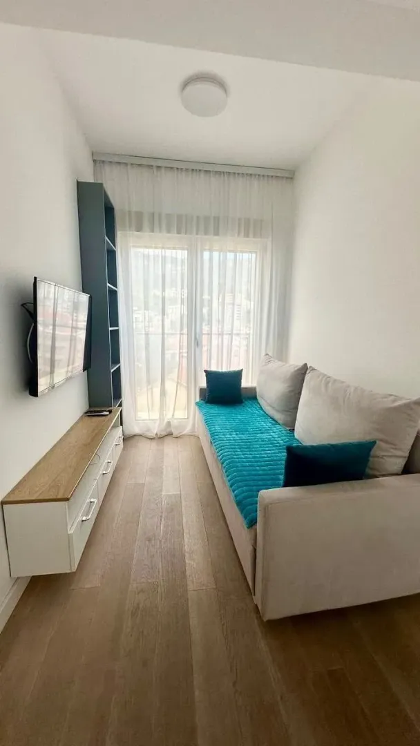 Manja dnevna soba sa garniturom za sjedenje, TV-om i policama.