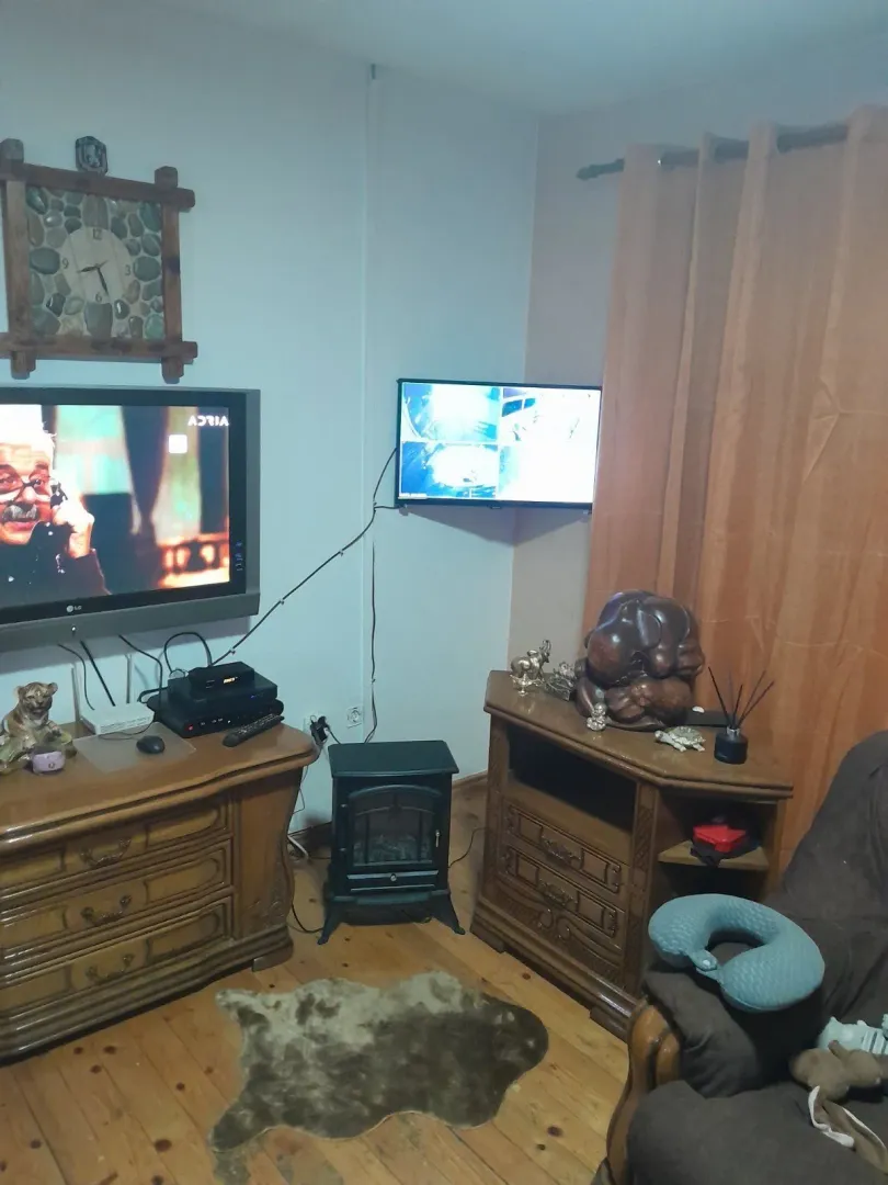Dnevna soba sa televizorom, drvenim komodama i peći u uglu.