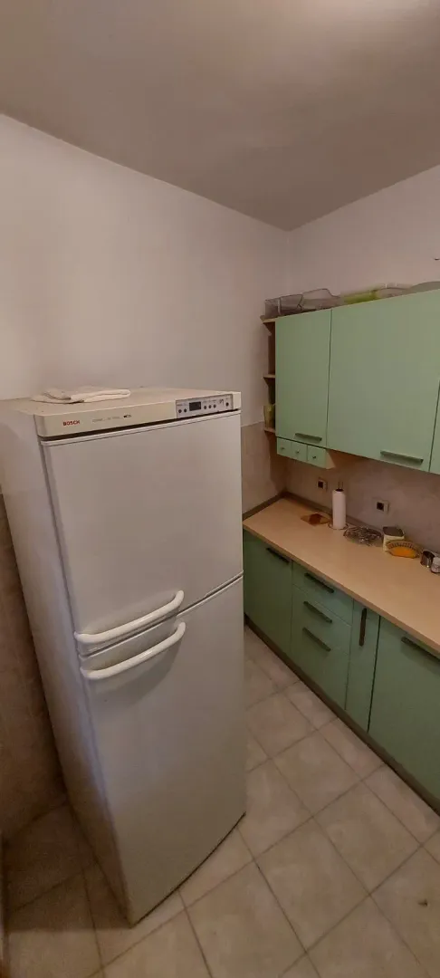 Kuhinja sa bijelim frižiderom i svijetlozelenim elementima.
