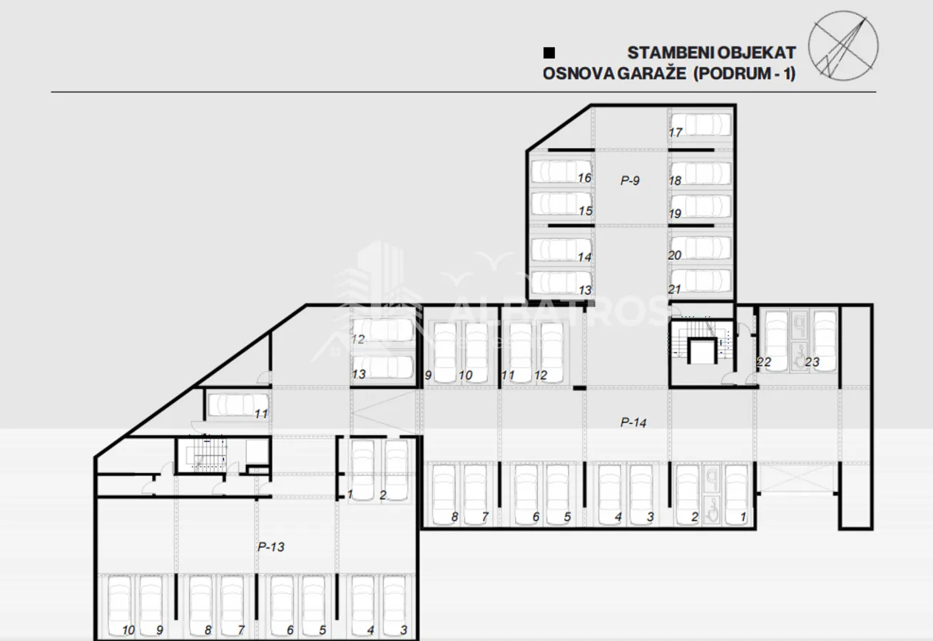 Arhitektonski plan podrumske garaže stambenog objekta.