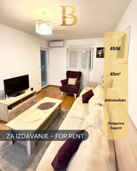 Izdavanje, jednosoban stan, 45m², Zagorič, Podgorica