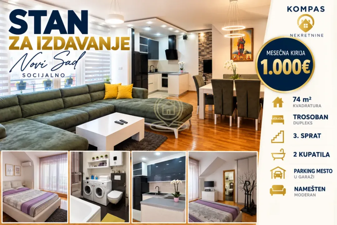 Rent, three bedroom apartment, 74m², Socijalno, Novi Sad Sve Podlokacije