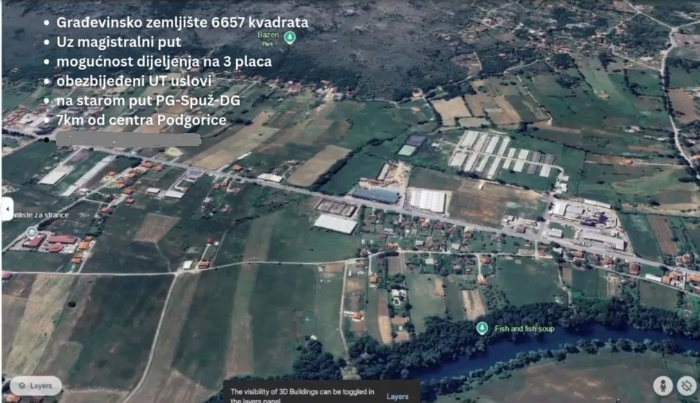 Satelitski snimak građevinskog zemljišta sa detaljima o lokaciji.