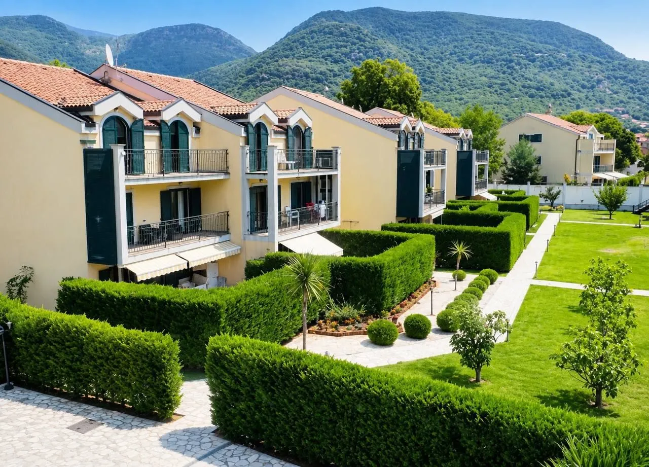 Exterior view of a residential complex with landscaped garden and greenery.