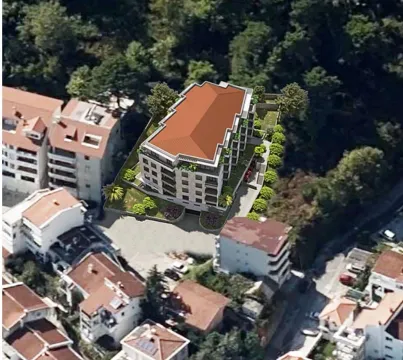 3D prikaz stambene zgrade iz vazdušne perspektive okružene zelenilom i okolnim objektima. - image 6