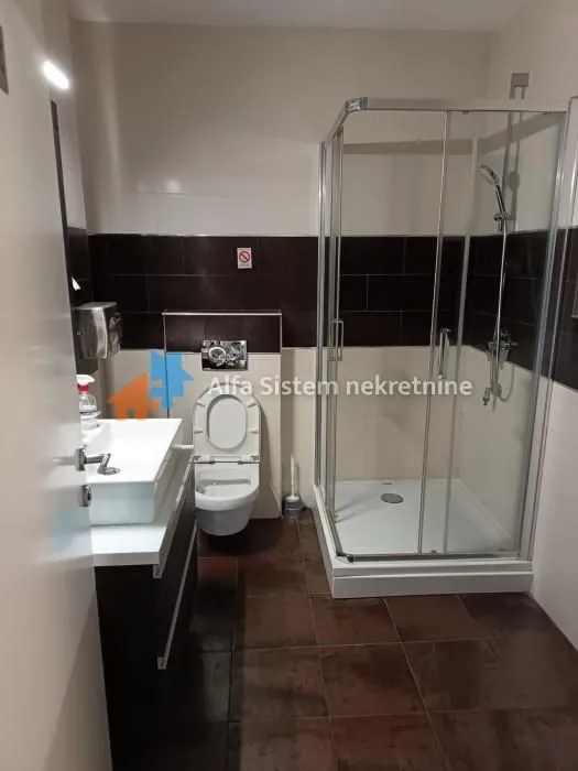 Bathroom equipped with a shower cabin, washbasin, and toilet.