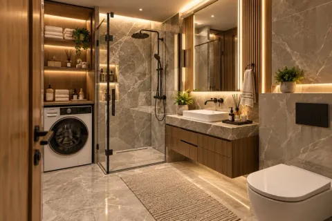 Moderne kupatilo sa tuš kabinom, umivaonikom i ugrađenom mašinom za veš. - image 6