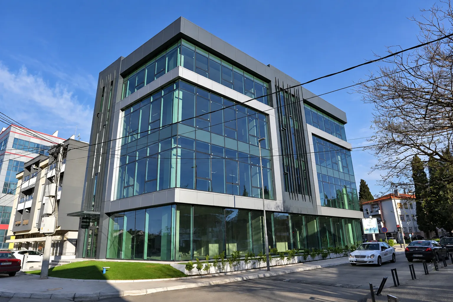Modern office building with large glass surfaces.