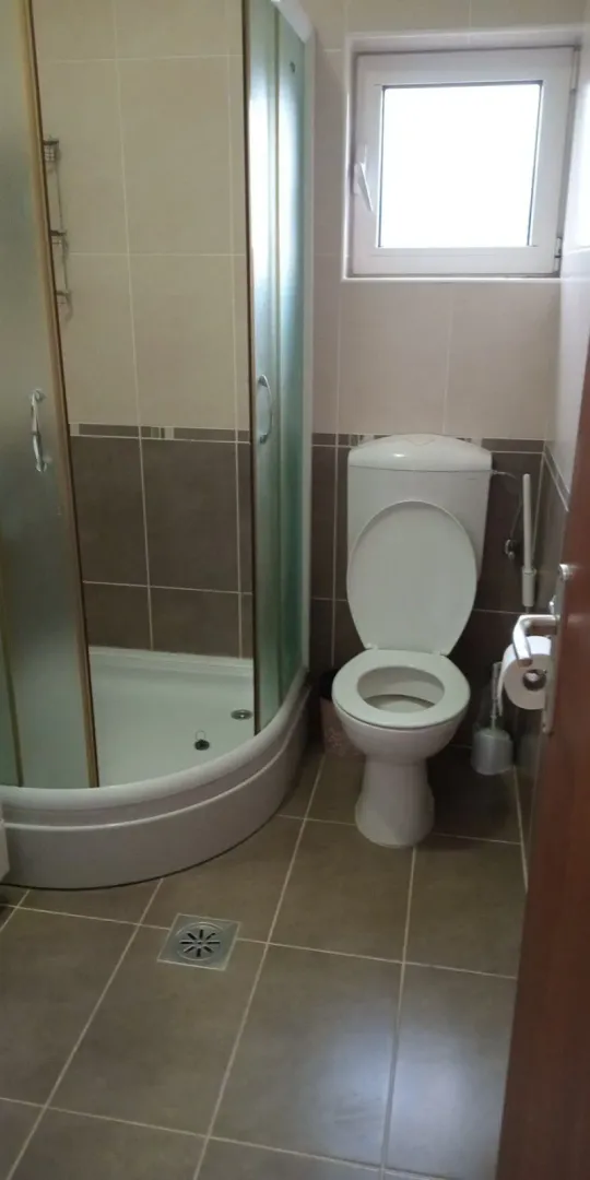 Smaller bathroom with a shower cabin and a toilet.