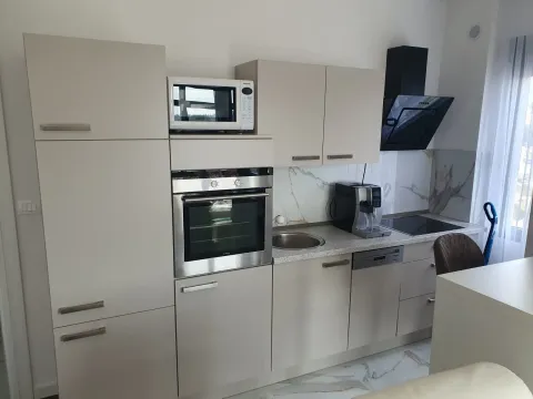 Moderna kuhinja sa ugrađenim aparatima i svijetlim elementima. - image 2