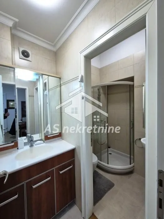 Bathroom with a vanity sink, mirror, and shower cabin.