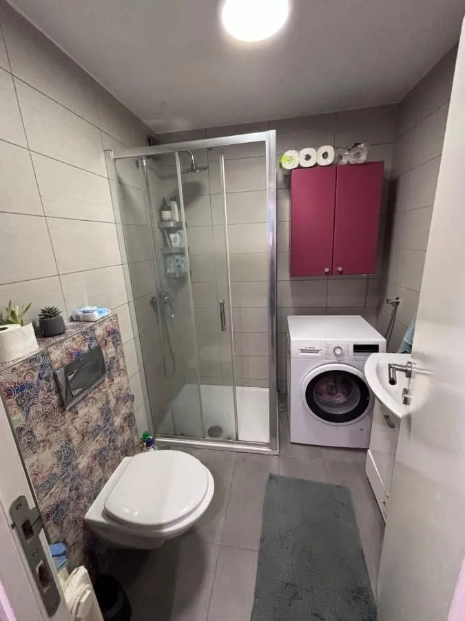 Kupatilo opremljeno tuš kabinom, wc šoljom, umivaonikom i veš mašinom.